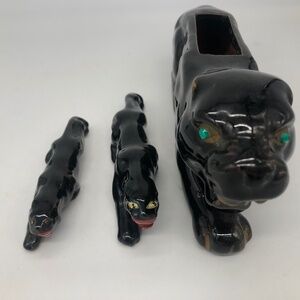 Vintage Japanese Black Panther & Cubs Ceramic Figurines Set Japan Gloss